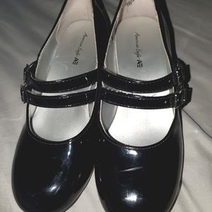 American Eagle Girls Size 13 Double Strap Black Patent Glitter Heel Mary Janes
